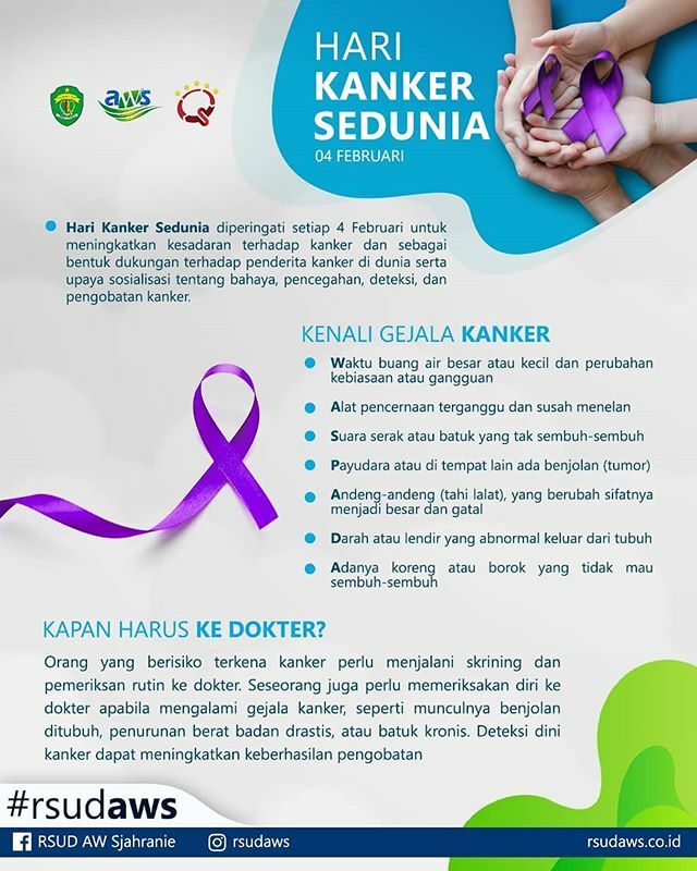 rsudaws's tweet photo. Hari Kanker Sedunia diperingati setiap 4 Februari untuk meningkatkan kesadaran terhadap kanker dan mendorong pencegahan, deteksi, dan pengobatan kanker.

#harikankersedunia #worldcancerday #rsudaws https://t.co/BQyvqfNYyN