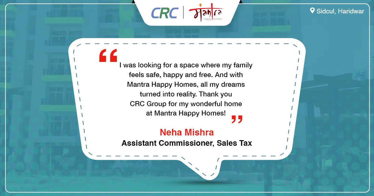 crcgroupindia's tweet image. Neha Mishra, Assistant Commissioner, Sales Tax is very excited and happy with her new home at Mantra Happy Homes. Check out what she has to say about her experience.
Plan your site visit today!
 
#FlatsInHaridwar #PropertyInHaridwar