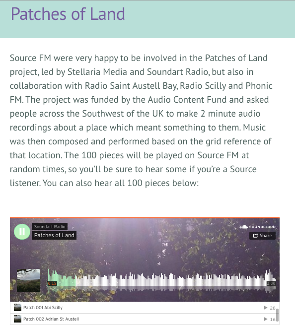thesourcefm's tweet photo. #SourceFM collaborated with #PatchesOfLand- project funded by the @AudioFund,made by @MediaStellaria with @SoundartRadio @rsabofficial RadioScilly @phonicfm 100recordings made by people across SWof theUK about places which mean something to them #communityradio #makingconnections https://t.co/H5EE8JLjrR