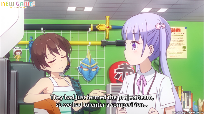 screenshot from New Game! ep.06 @ 00:46.36
"They had just formed the project team, so we had to enter a competition..."