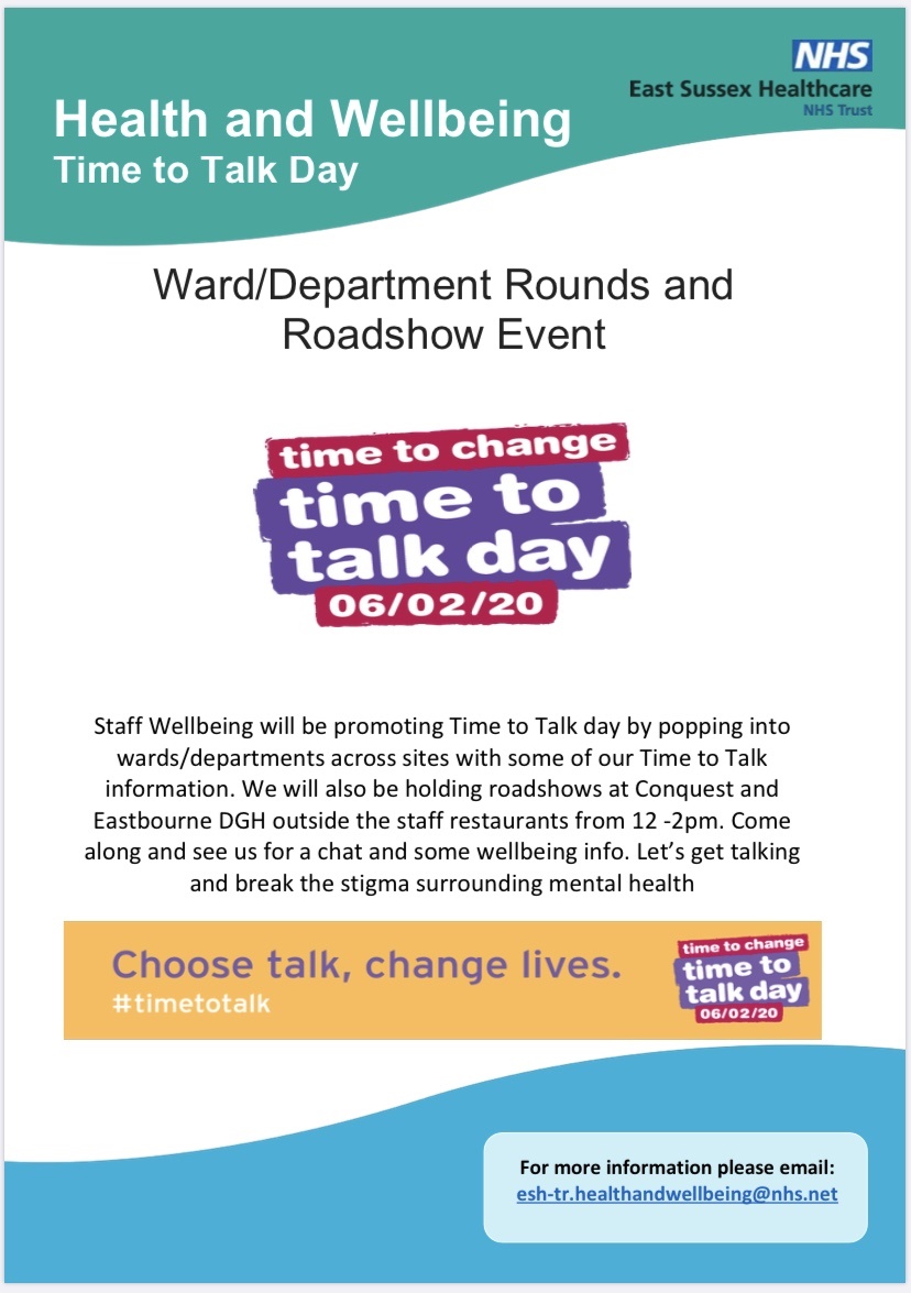 We will be visiting wards & departments today for #TimeToTalkDay .There will be roadshows at #ConquestHospital and #EastbourneDGH outside the staff restaurants, 12 noon-2pm. Do pop along, let’s get talking & break the stigma surrounding mental health #NHS #NHSWellbeing