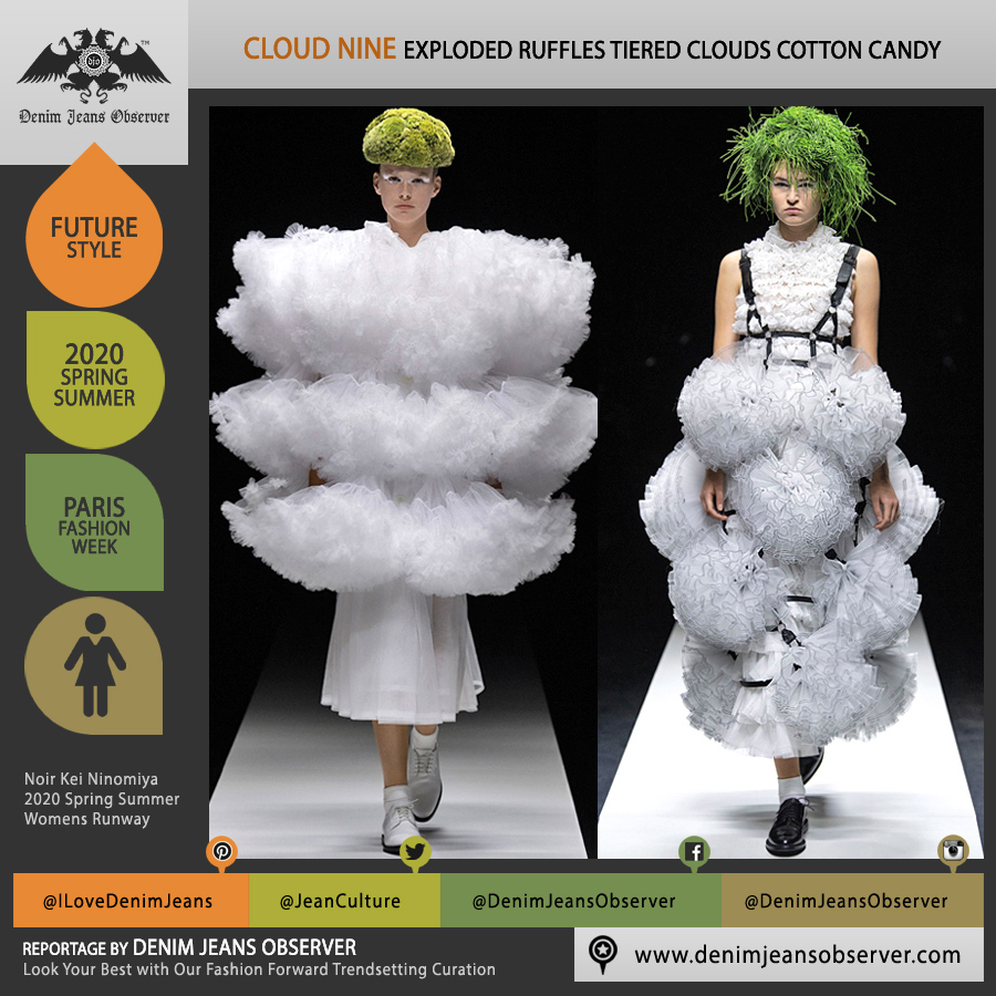 Noir Kei Ninomiya 2020 Spring Summer Womens Runway Catwalk Looks Collection - Mode à Paris Fashion Week France - Sculpture Cocoon Clouds Cotton Candy Sheer Tulle White Exploded Ruffles Frills Ruche Tiered Furry Spikes Broccoli Grass Headwear Coral Mask Trompe L'oeil Harness Mesh - Fashion Forward Trendsetting Curation by Denim Jeans Observer