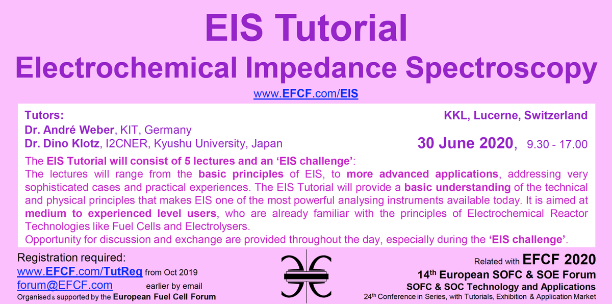EFCForum's tweet photo. Once again we are offering 2 tutorials to kick start #EFCF2020. Join us on 30 June to learn more about Fuel Cells &amp; Hydrogen or Electrochemical Impedance Spectroscopy. More information https://t.co/HrLTIbP5nF #Tutorial #ElectrochemicalImpedanceSpectroscopy #EIScourse #fuelcell https://t.co/aiwD5TK9UX
