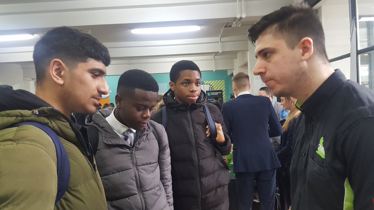 Aadil, Rabbi, Jacob - year 11 students from Nottingham Academy talking to Kane 3rd year apprentice at #GeminiARC all intetested in #vehiclerepair #apprenticeships #NAW2020