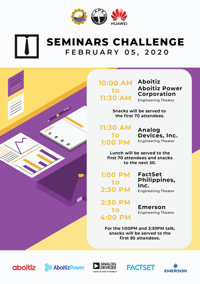 UPCAPES's tweet photo. More company talks await you as we head on to the second day of this week's Seminars Challenge. Meet the delegates as they walk you through their corporate lives and the opportunities you may acquire.
RSVP now at: https://t.co/xVm8EfKDRk
#EngineeringTheFilipinoFuture https://t.co/0Uzp3fdCng