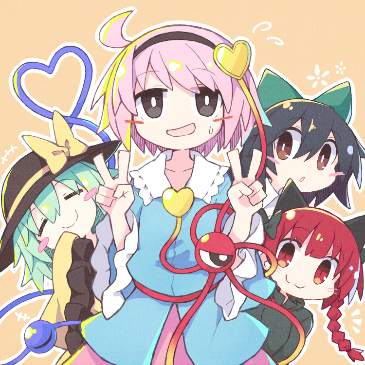 kaenbyou rin ,komeiji koishi ,komeiji satori ,reiuji utsuho multiple girls 4girls blue shirt bow hat red hair v  illustration images