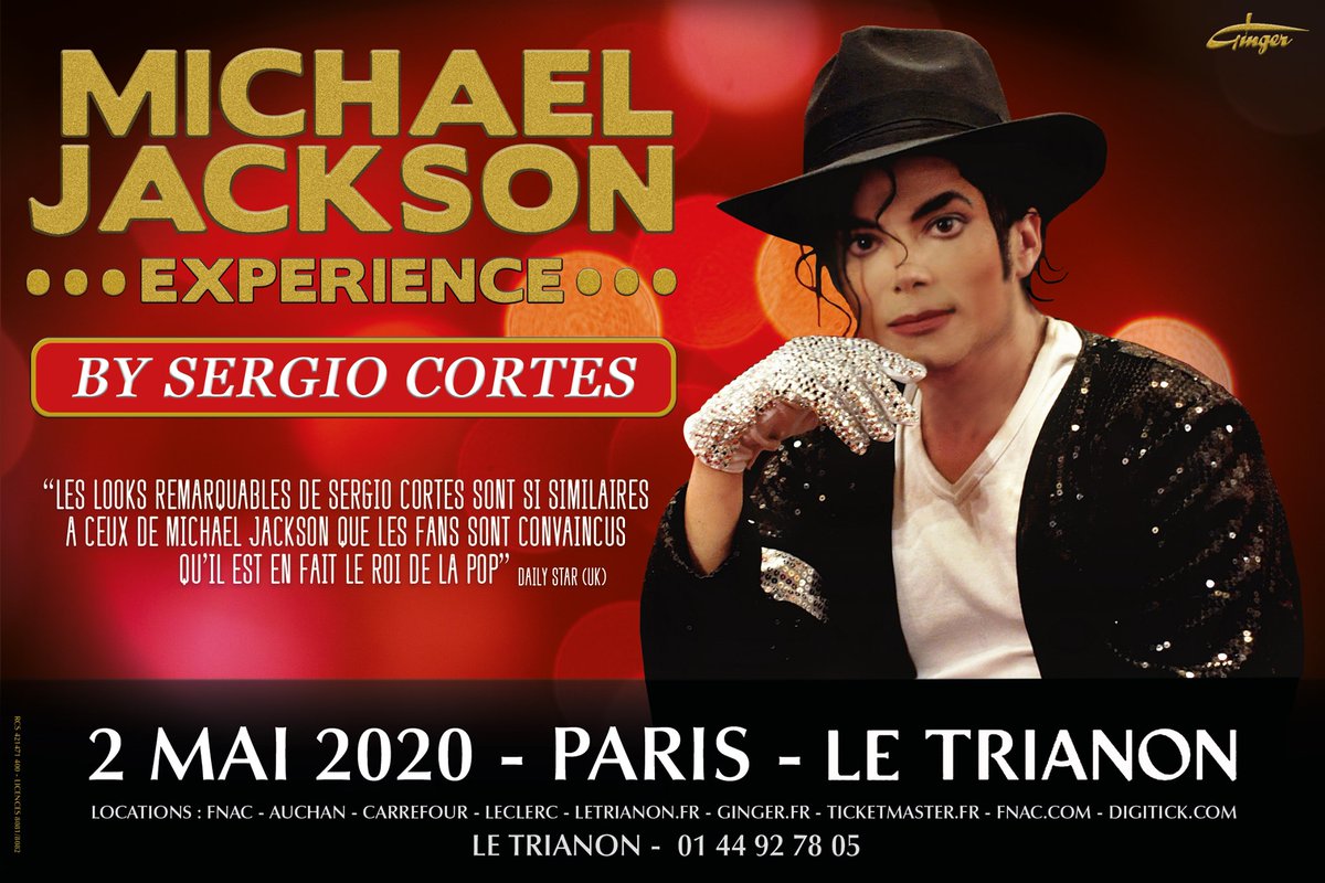 C'est parti ! 👊

Sergio Cortés (<a href="/SergioCort/">Sergio Cortés</a>), tribute mondialement connu de <a href="/michaeljackson/">Michael Jackson</a>, sera en concert au <a href="/LeTrianonParis/">Le Trianon</a> le 02 mai 2020 pour une unique date en France en 2020. 🎵🤩🇫🇷

⚠️ Réservez vos places dès maintenant: ginger.trium.fr/index.php/25/m…

#MichaelJackson #Concert
