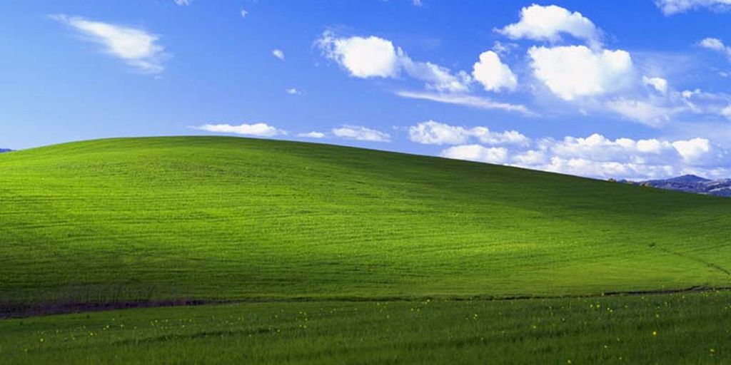An image of Windows XP's Bliss wallpaper, featuring a hill covered in grass under a blue sky. 