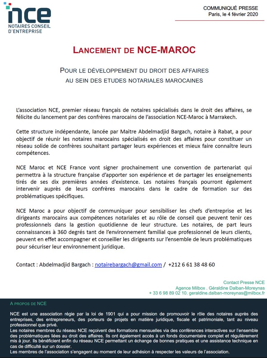 Lancement de NCE-Maroc 🇲🇦 Le 1er réseau de notaires spécialisés dans le droit des affaires sur le territoire marocain. Nous sommes super fiers de servir d’exemple pour que d’autres structures comme la nôtre se développent à l’étranger. 
Bravo NCE-Maroc 👏🏻👏🏻👏🏻
#notariat