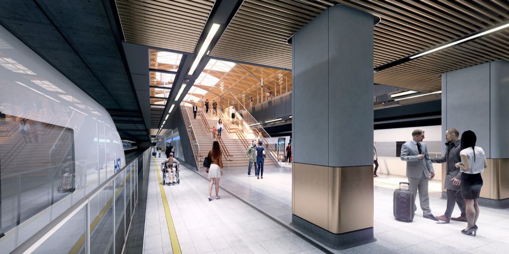 CGI showing an interior view of a platform and approaching train at Curzon Street Station.