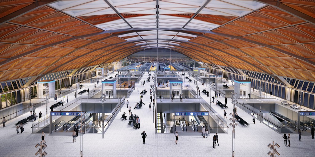 CGI showing the concourse of Curzon Street Station with access to several platforms..