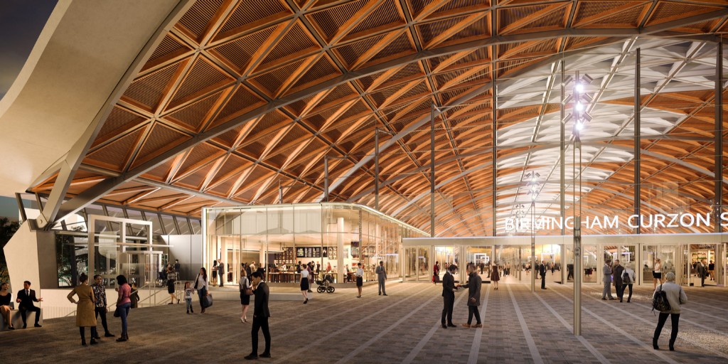 CGI showing the exterior view of Curzon Street Station at dusk.