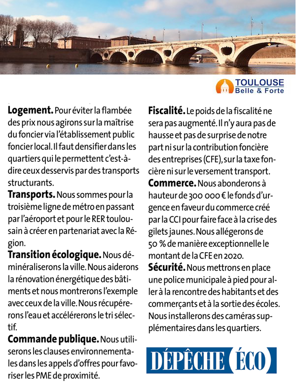 Tlse_BelleForte's tweet photo. [Toulouse] 4 février 2020 • Les candidats à #Toulouse aux #Municipales2020 dévoilent ce jour leurs propositions économiques dans @ladepeche_eco. Focus sur les propositions de @Tlse_BelleForte portées par @Franck_Biasotto #MaVilleMaPme #ToulouseBelleetForte #CPME31 #FFB31 https://t.co/niMKxXm78b