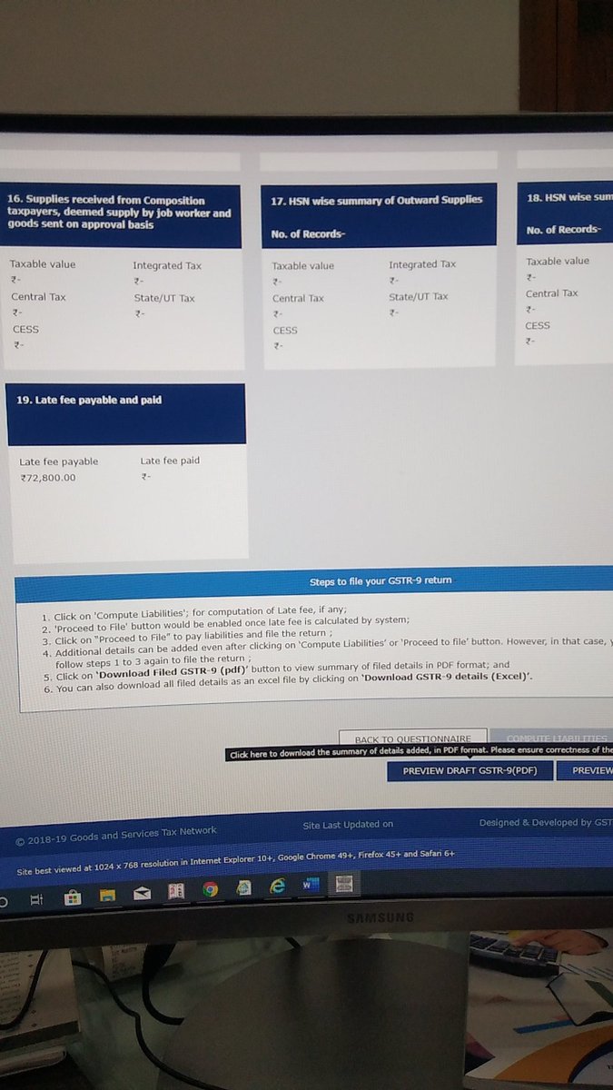 caarvindetah's tweet photo. @cbic_india @askGSTech @GST_Council @nsitharaman @CNBC_Awaaz @caamresh What is this. Due date for GSTR 9 was showing 05/02/2019 and system computed late fees of Rs. 72800/-. Now date corrected but late fees is not removing. How can we comply. https://t.co/pAzmhhHWCt
