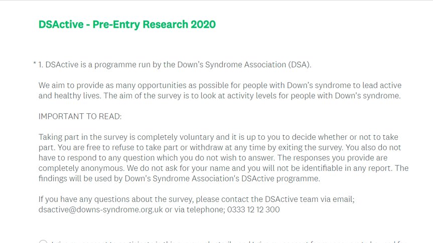 DSAgeing's tweet image. DSActive, a programme run by the @DSAInfo, is looking for #volunteers to complete a survey about #activity levels for people with #Downsyndrome.

bit.ly/393Mjbh

#activeageing #downssyndrome #envejecimientoactivo #sindromedeDown