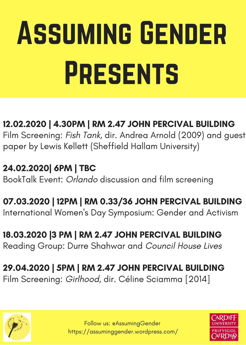 We are very pleased to announce our schedule for the spring semester! 

Including:

- Screening of 'Fish Tank' + Paper from @LewisJKellett 
- <a href="/CardiffBookTalk/">Cardiff BookTalk</a> event for Virginia Woolf's 'Orlando'
- Gender + Activism Symposium
- Reading Group with @Durre_Shahwar 

See you there!