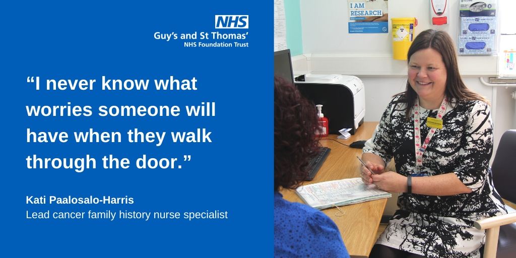 An image of kati with a patient who's face is not visible. A quote in white against a blue background says "I never know what worries someone will have when they walk through the door."