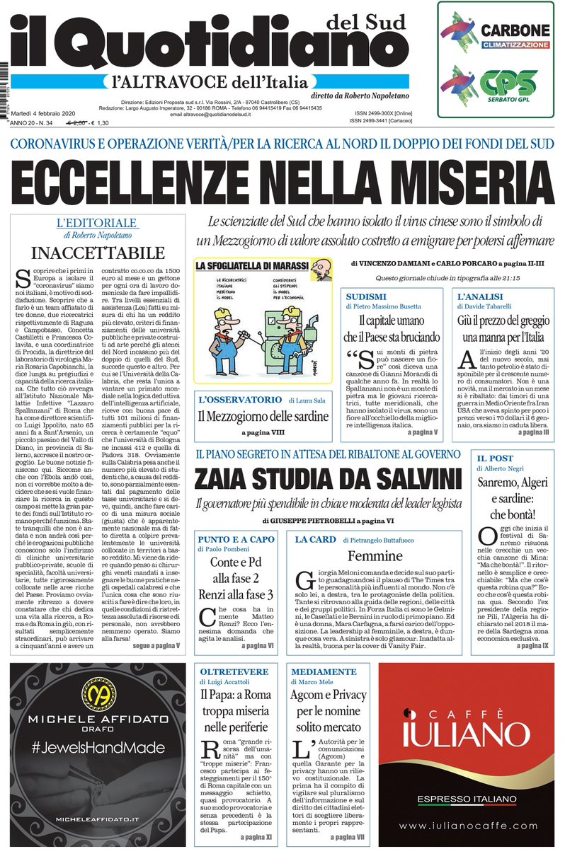 LAltravoce's tweet photo. IN EDICOLA e online #Altravoce
su https://t.co/1Re1Np1VWc 

Si parla di #coronavirus, la ricerca scientifica in Italia è un'eccellenza senza fondi, il futuro delle Sardine e #Sanremo70 https://t.co/pTNezPwnNK