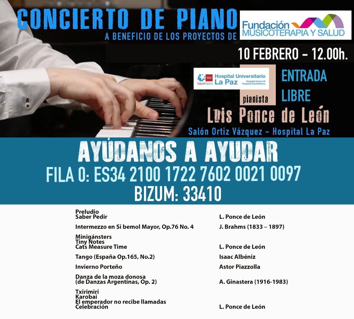 FundacionMyS's tweet photo. Conciertazo benéfico! #musicoterapia #musictherapy @HospitalULaPaz Luis Ponce de León #Madrid #cuidadosmusicales https://t.co/Myjisiaarh