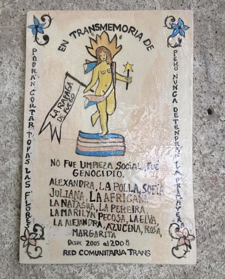 redcomunitariat's tweet photo. En un ejercicio de #TransMemoria con nuestras hermanas caídas hemos instalado más de 20 placas en diferentes puntos del Barrio Santa Fe, donde hoy en día la violencia contra nuestras identidades y cuerpos no paran. Nos están matando. 

¡No es limpieza social, es genocidio! https://t.co/fOSgGL0qMT
