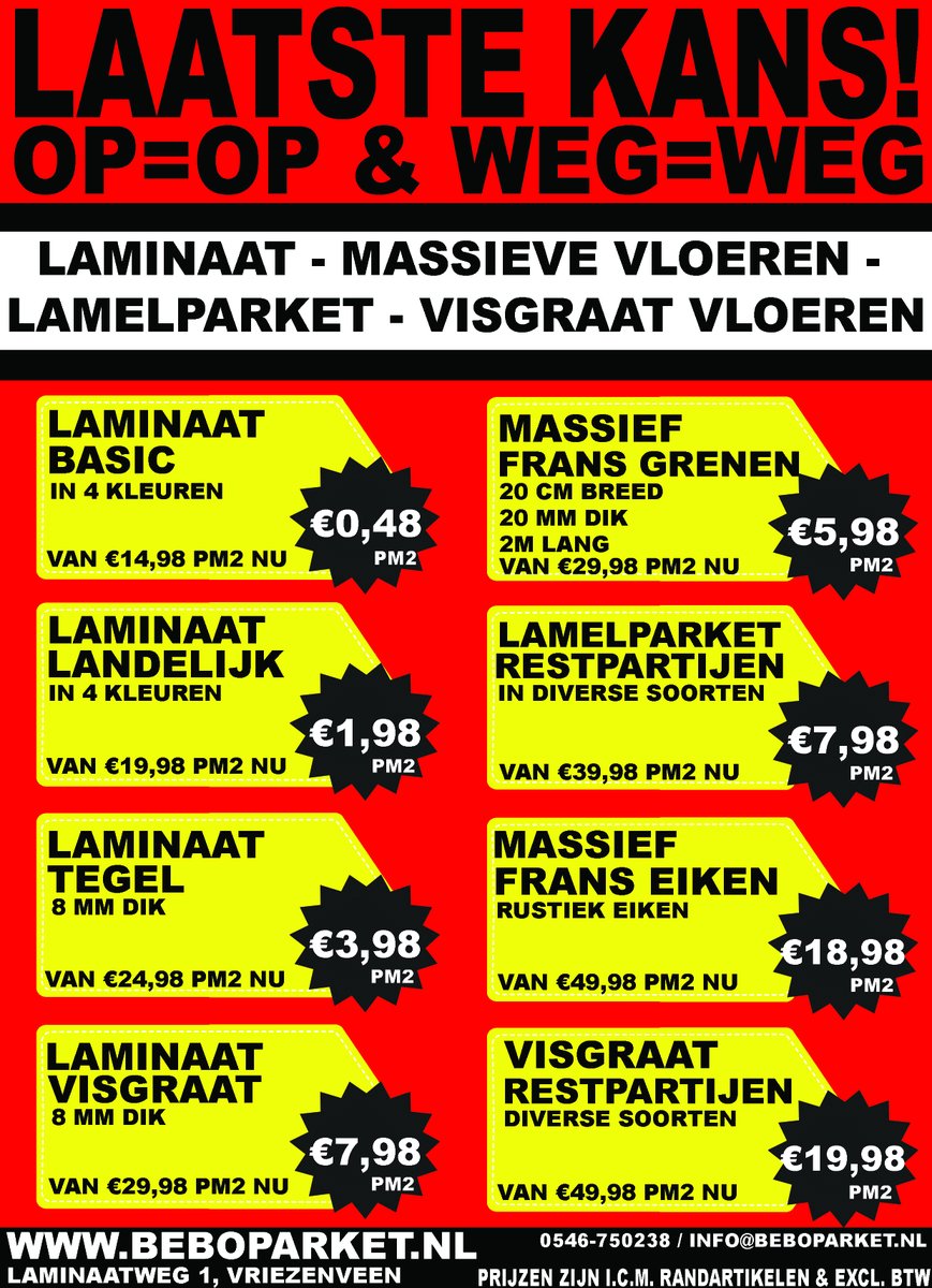 LEEGVERKOOP bij Bebo Parket in Vriezenveen!

Neem je aanhangwagen mee en profiteer van de laagste prijs!

beboparket.nl