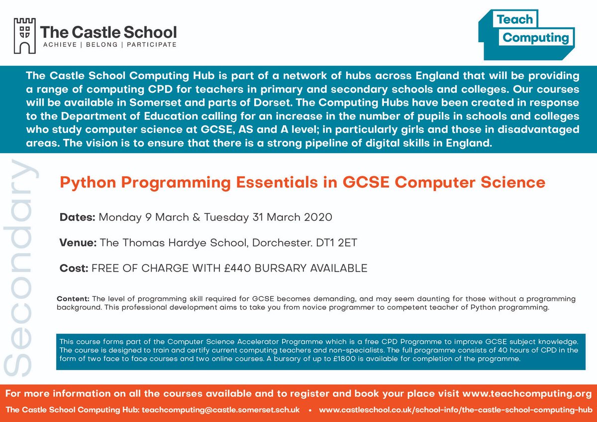 CompSciCastle's tweet photo. We are looking forward to running a @WeAreComputing course on python programming at @thomashardye. Spaces still available. The course is free and a bursary of £440 available to schools and up to £1500 for the accelerator programme. @DTSA2016 @Dorset_DEAS @DorsetEducation https://t.co/X3SjpqvIOX