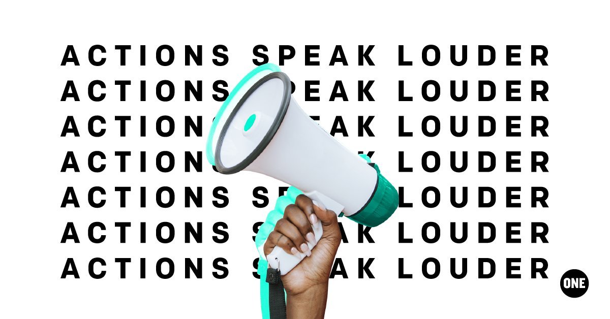 the phrase "actions speak louder" repeated 7 times in a row. A hand holding a megaphone obscures the word "speaks" 