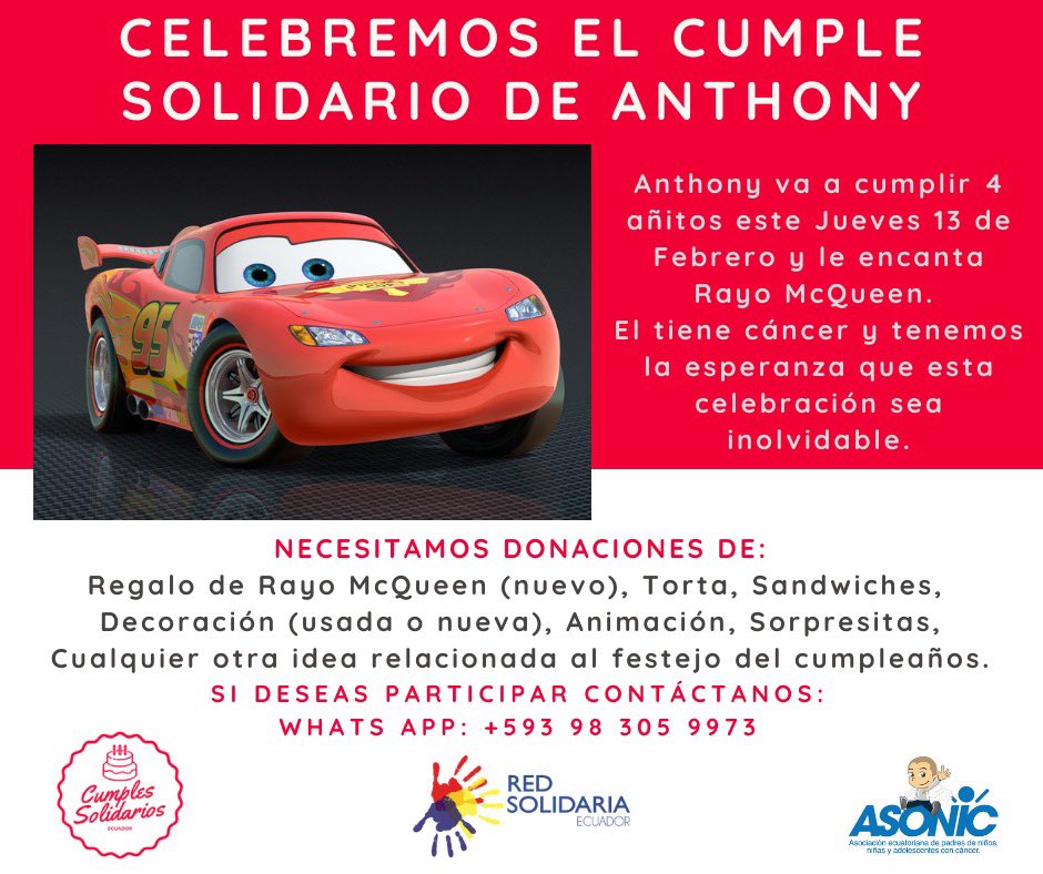 redsolidariaEC's tweet photo. #CumpleañosSolidario
esta vez el festejado será Anthony. https://t.co/1HjoGvppyS