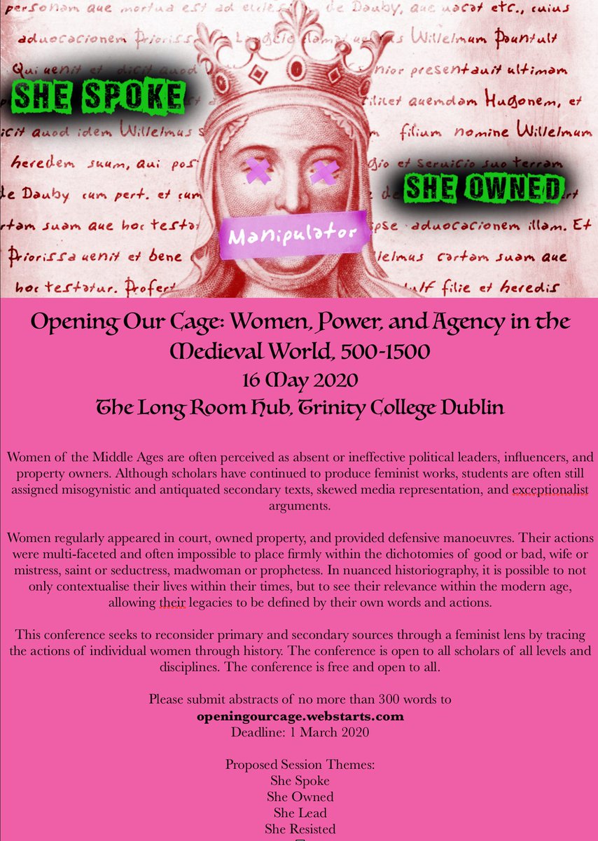 😍Check out the #CFP for this exciting one-day *free* conference @TLRHub @TCDMedieval on May 16th. Deadline for abstracts March 1st. So looking forward to this!🥳

#medievaltwitter #women #gender #twitterstorians #FeministHistory #MiddleAges #History