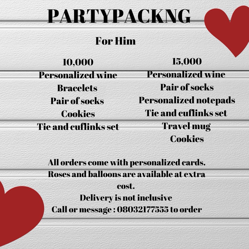 PartyPackNg's tweet photo. Hello Everybody!!!! We are still taking Orders for the valentine’s package 

You can create your own package too

Deadline for orders is 12th of February https://t.co/bsvCqlY8kU