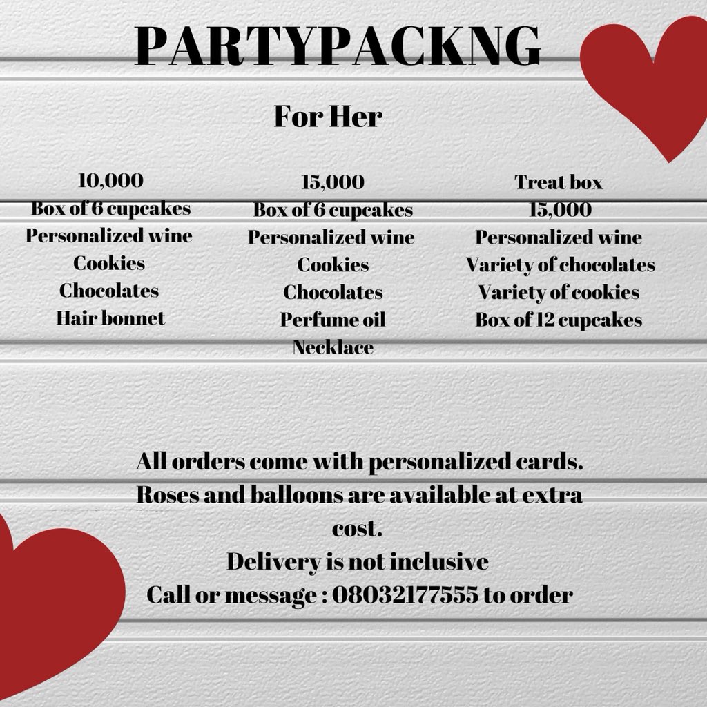 PartyPackNg's tweet photo. Hello Everybody!!!! We are still taking Orders for the valentine’s package 

You can create your own package too

Deadline for orders is 12th of February https://t.co/bsvCqlY8kU