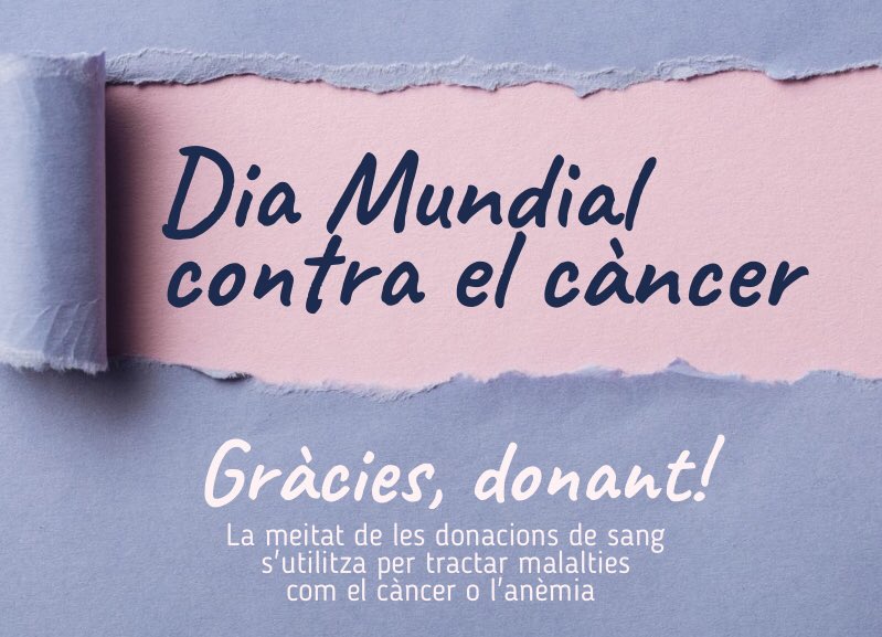 donarsang's tweet photo. Avui és el #DiaMundialCàncer i volem aprofitar per tornar-te a dir MOLTES GRÀCIES.

Gràcies perquè la teva visita regular a una sala de donació permet tractar aquesta malaltia. 

Si fa dies que no vens, avui és un bon dia per posar-hi data 👉🏻https://t.co/GwNnyNMSRm https://t.co/Vy5T7XuxSb