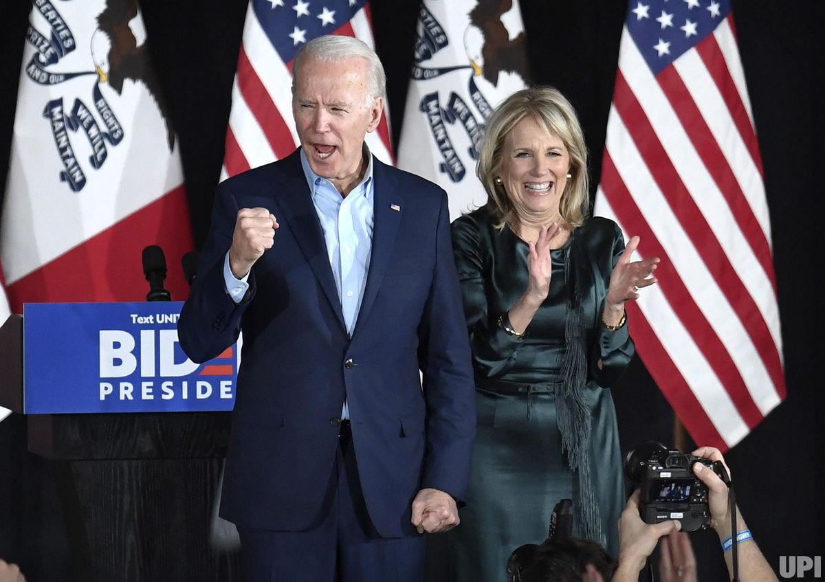 Democratic presidential candidate for 2020 former Vice President Joe Biden pumps his fist as he and his wife Dr. Jill Biden greet supporters as he concludes his remarks at a Caucus Night event, at Drake University in Des Moines, Iowa, Monday, February 3, 2020. Results were slow being reported late into the evening from Iowa's first-in-the-nation caucuses. Photo by Mike Theiler/UPI