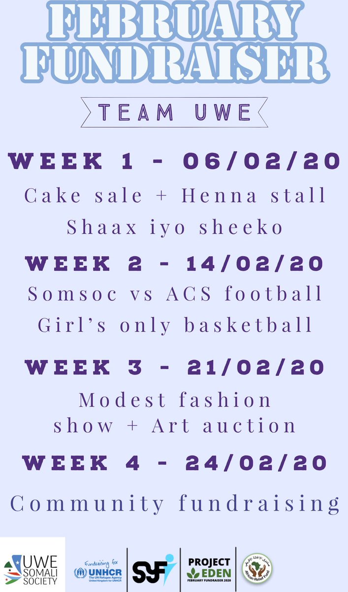 UWESomaliSoc's tweet photo. February is due to be a busy and fulfilling month, join us whilst we raise awareness for an amazing cause through all these events! #FebruaryFundraiser2020 https://t.co/LiZBT4TfVo