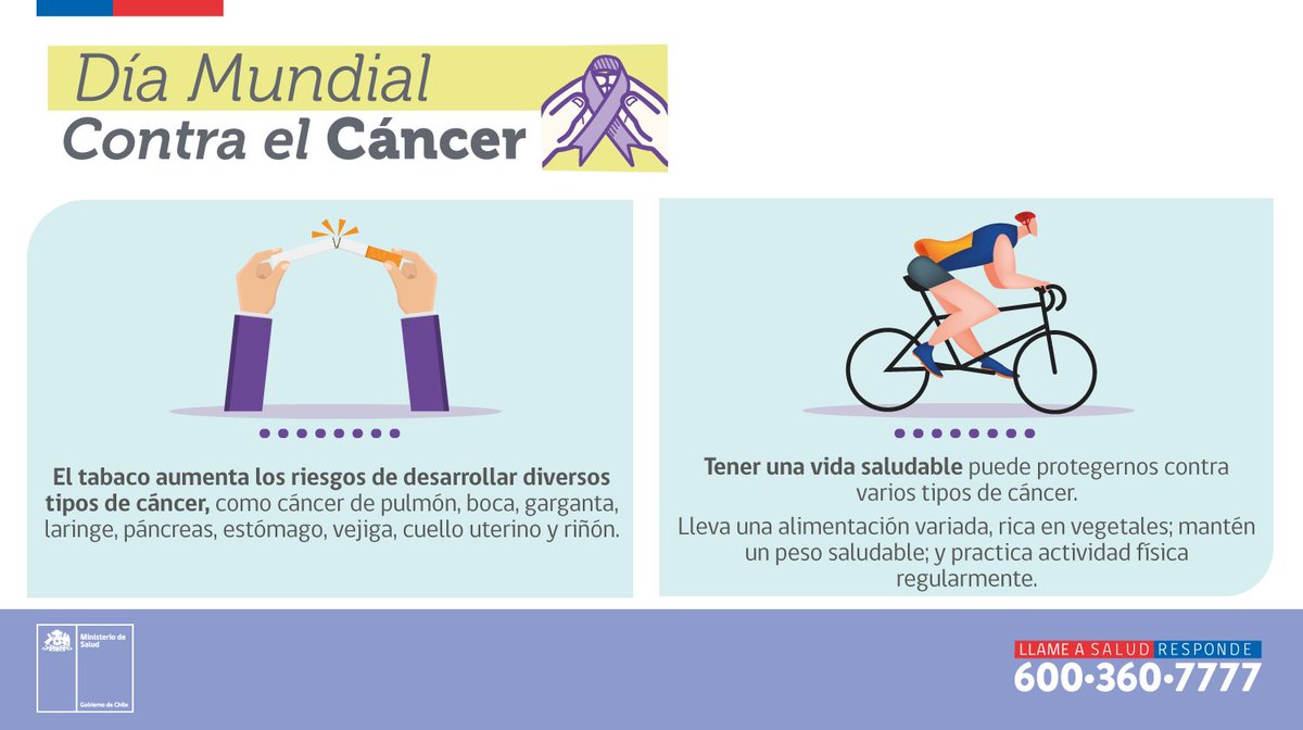 Ministerio de Salud (@ministeriosalud) on Twitter photo ¿Sabías que el tabaco es uno de los principales causantes de desarrollar distintos tipos de cáncer?
En el #DíaMundialContraElCáncer te invitamos a tener una vida saludable, incorporar una alimentación saludable y también a contar con actividad física. ¿Sabías que el tabaco es uno de los principales causantes de desarrollar distintos tipos de cáncer?
En el #DíaMundialContraElCáncer te invitamos a tener una vida saludable, incorporar una alimentación saludable y también a contar con actividad física.