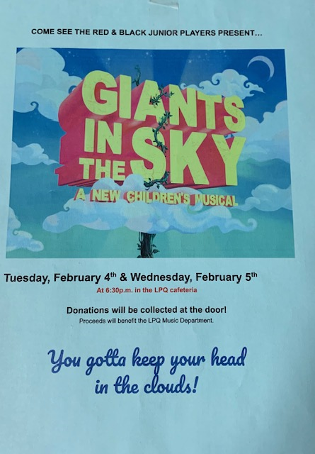 tupperlakecsd's tweet photo. The Red &amp; Black Junior Players Present GIANTS in the SKY.
Tuesday, February 4th &amp; Wednesday, February 5th 6:30 pm at LP Quinn.
https://t.co/ViyKUQJzmL https://t.co/HiqZu34Xx8