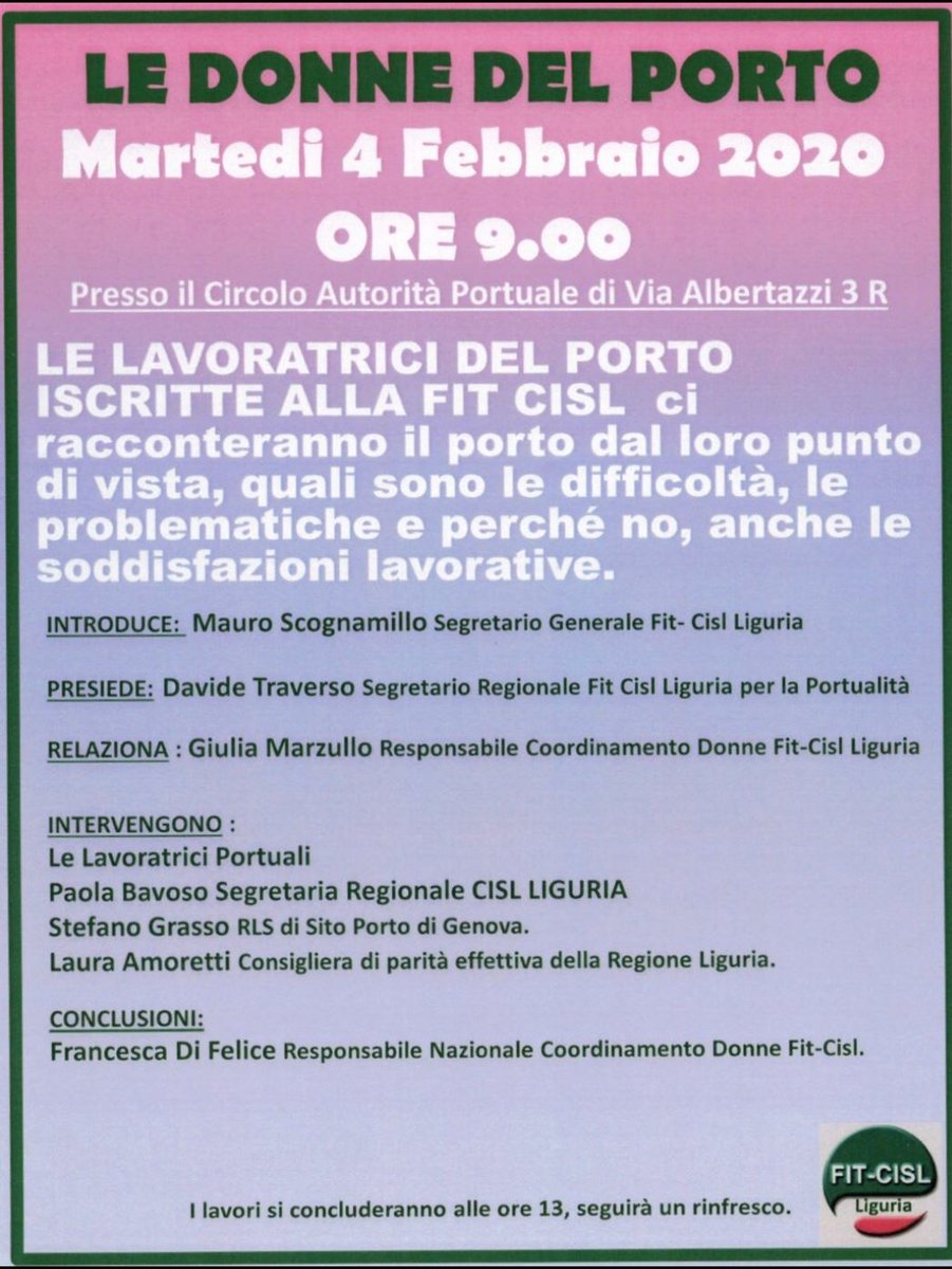 MarianiGm80's tweet photo. LE DONNE DEL PORTO,coordinamento regionale donne @FitCisl_Liguria,con @FrancescaDiFeli @TraversoDav @FitCisl @CislLiguria https://t.co/XDnXxa2qRk