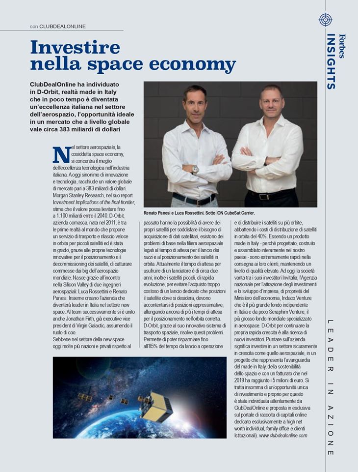 D_Orbit's tweet photo. Si parla di noi e di #spaceeconomy nel nuovo numero di @ForbesItalia! Grazie a @ClubDealOnline 
#space #startup #spazio #satellite #newspace #investment #funding #leader https://t.co/bPtkwgzxRG