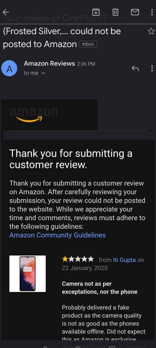 itigupta19's tweet photo. @oneplus @amazon @OnePlus_IN Or to file a complaint on amazon regarding the same @AmazonHelp didn't approve of my review coz it did not fulfill their norms?of wat..selling a fake product? I spent 35k on this. Makes us question the credibility of @amazon &amp; @OnePlus_IN coz isn't #amazon an official seller? https://t.co/AqRWh2Qeks