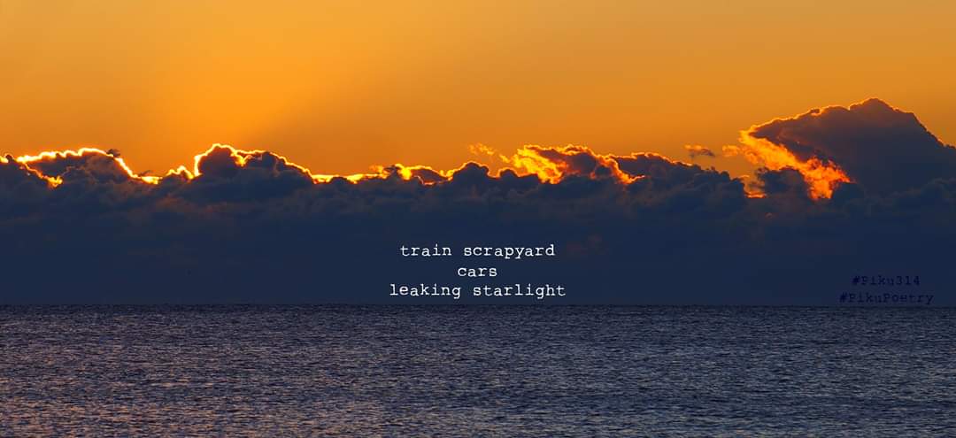 piku_poetry_314's tweet photo. Today over at #NaHaiWriMo...
🥧
.
train scrapyard
cars
leaking starlight
.
#Piku314 #PikuPoetry #haiku #senryu #haiga #shahai #poetry #poem #piehai #Pieku #piega #prompt #train #JustDelmarvalous #VoMoPo #Binkstuff #microverse #tinypoem #microstory https://t.co/Nwzya2CsY1