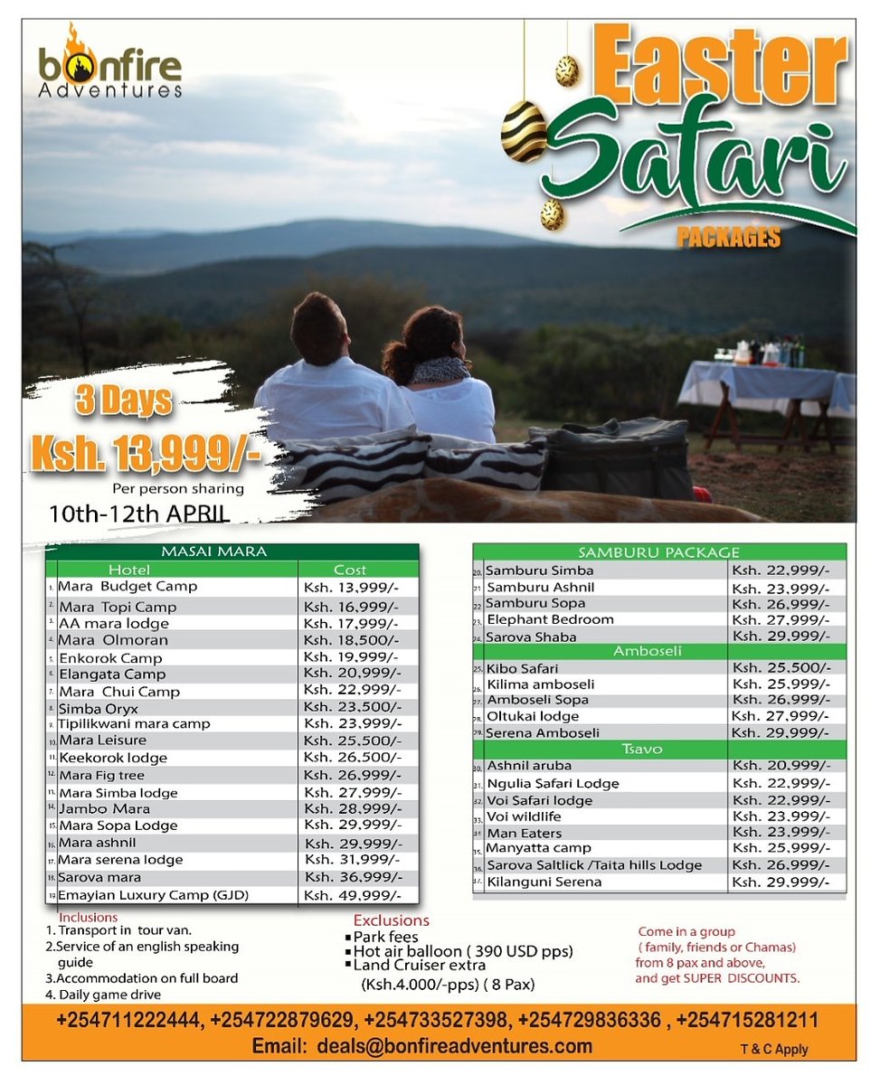 BonfireSafaris's tweet photo. JAZA VAN TWENDE SAFARI THIS #EASTER , MOBILIZE YOUR FAMILY AND FRIENDS AND LETS GET BUSHY WITH #BONFIREDEAL TAG YOUR Family or BAE๐ TUJAZE VANS TWENDE #EASTER FROM AS LOW AS KSH13,999/- PPS, for 3Days STARTING 10TH โ 12TH APRIL
Call: 0711222444 #TuesdayMotivation #lipapolepole https://t.co/s3F87aC0ye