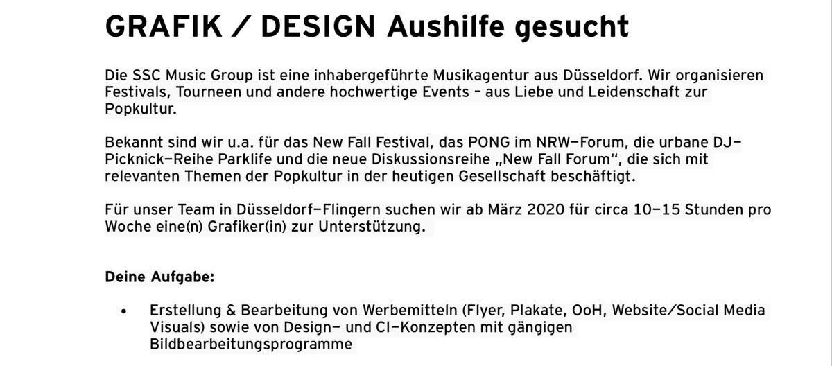 GRAFIK/DESIGN Aushilfe gesucht! Gestalte die Zukunft des <a href="/NewFallFestival/">New Fall Festival</a>, von PONG, #RheinKonzerte, Parklife uvm. Jetzt bewerben: ssc-group.net/wp-content/upl…
