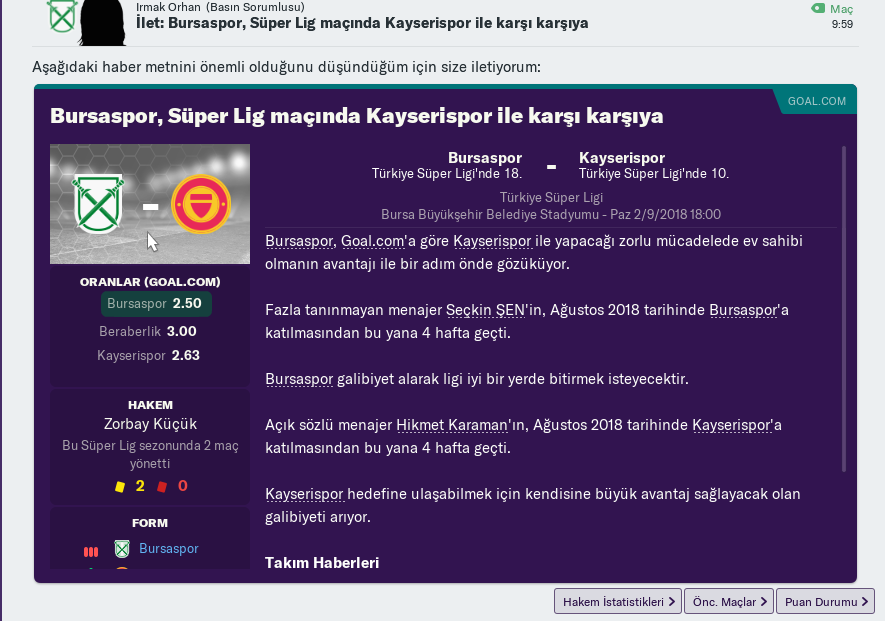 4. maçımız Kayserispor ile mutlak 3 puan için çıkıyoruz