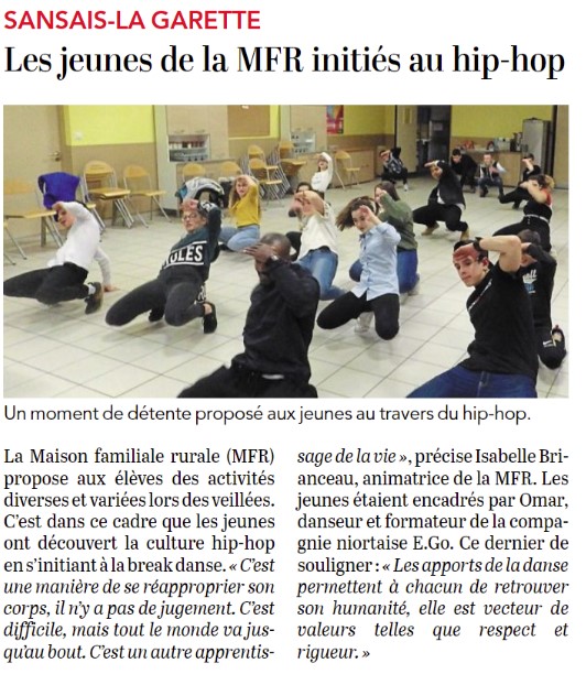 MFRPOITOU's tweet photo. 📰Article de presse sur la #Mfr @MfrMarais 
🕺 Une initiation au #hip #hop 
@BarreDelphine @UNMFREO @Talavet1 https://t.co/g3WXJcQJhS
