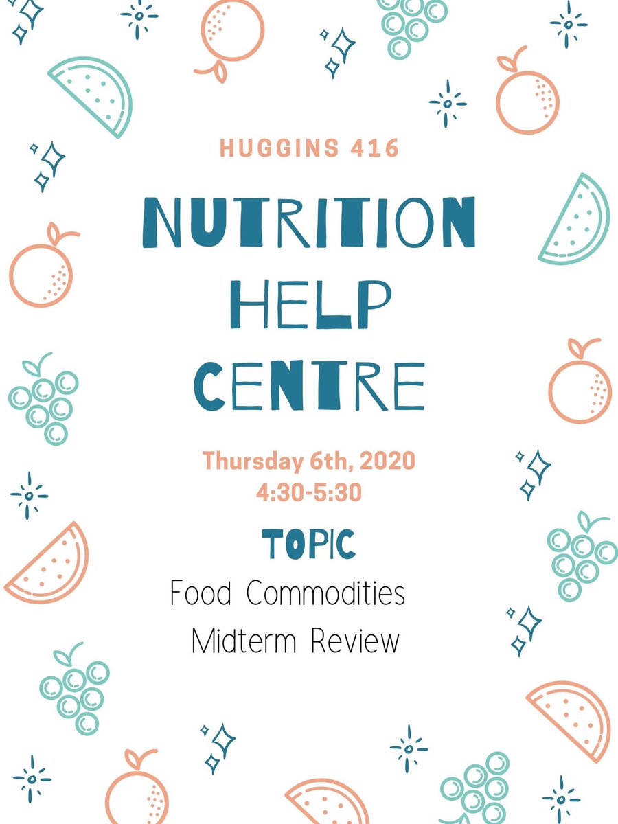 AcadiaNutrition's tweet photo. The @AcadiaU @AcadiaNutrition Help Centre is open Thurs. Feb 6th from 4:30-5:30 pm. Join TA @HannahChapeskie in #HugginsScienceHall 416 for a Food Commodities Midterm Review or come w/ any course questions. When not open for help sessions, the Centre is available for studying 📚 https://t.co/P6qRr6jQ1G