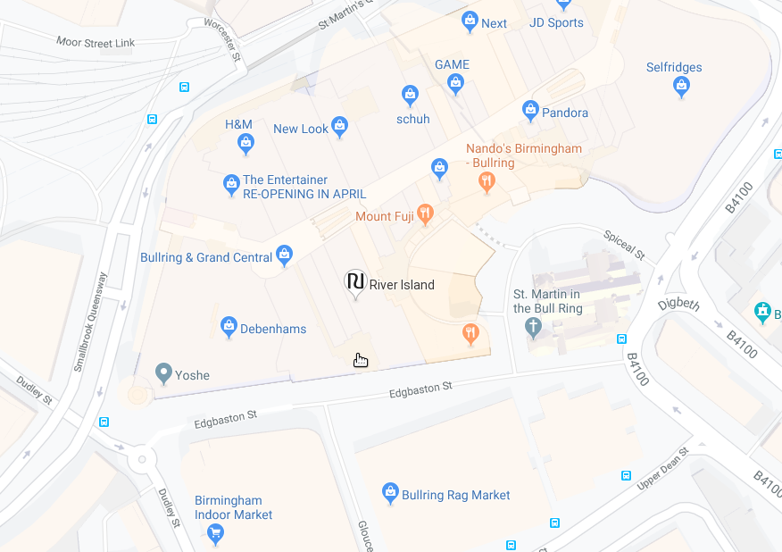 a google map of central Birmingham, showing a custom River Island logo pin in the middle of Grand Central