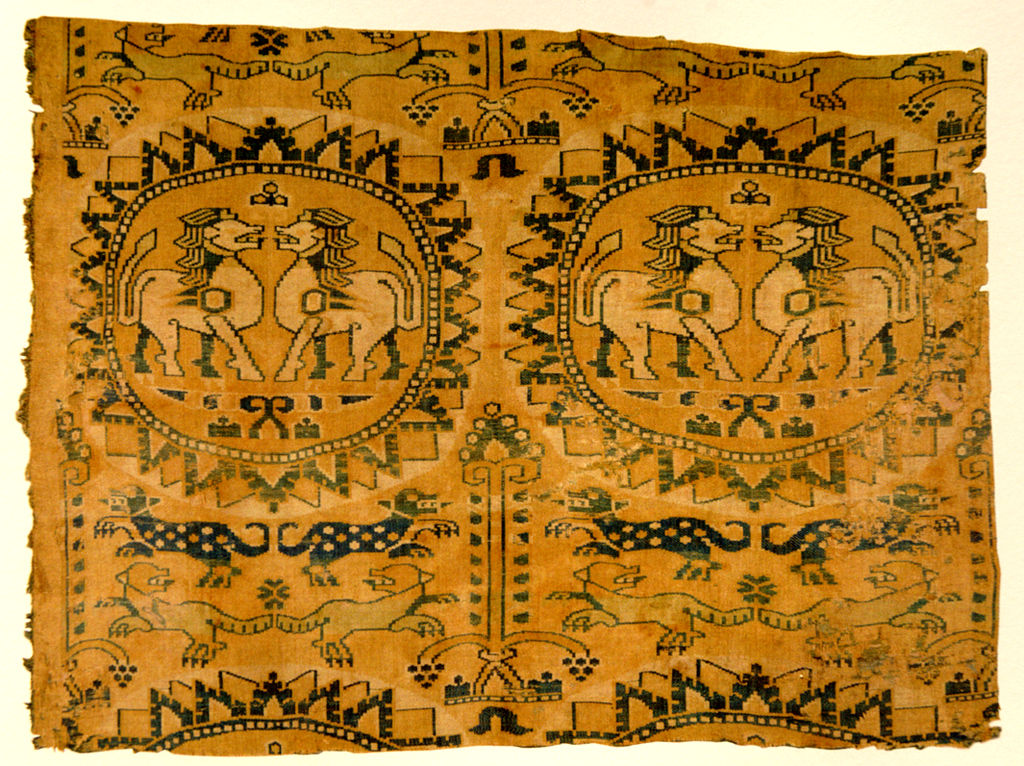 A lion motif on Sogdian polychrome silk. 8th century AD. Most likely from Bukhara.