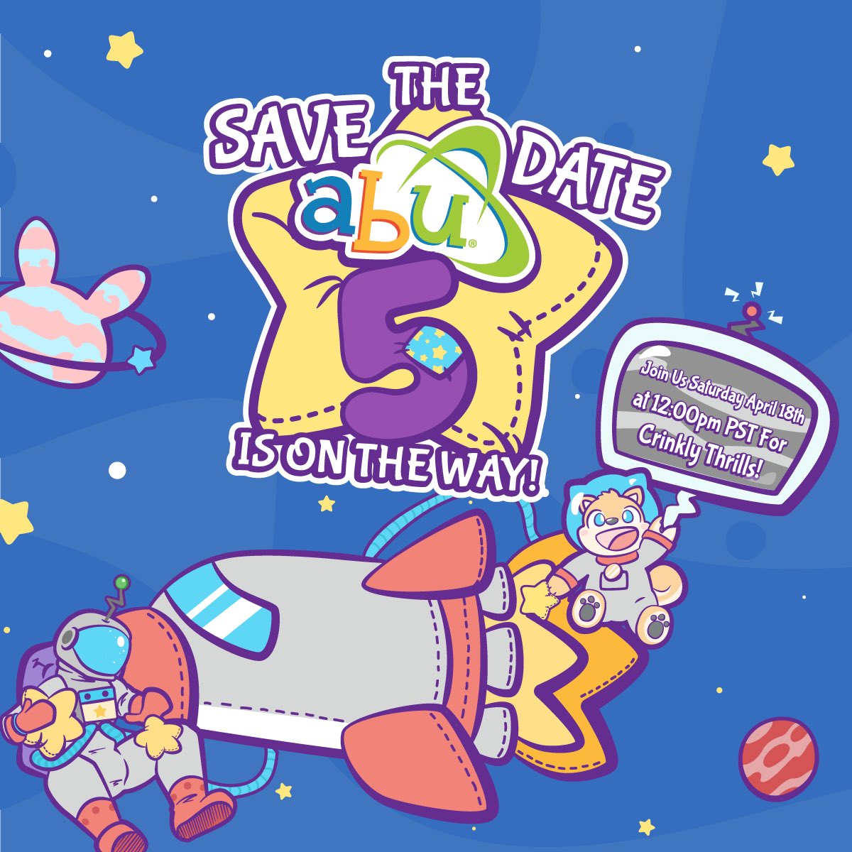 ABUNappies's tweet photo. SAVE THE DATE! ABU is having another balloon day and it’s going to be a big one! Double that diaper, grab your best plushie pal and be ready to tune in on April 18th 12-Noon PST (8pm GMT).
https://t.co/FCt0nBQjtw
#ABU5 https://t.co/0BujVaKwK3