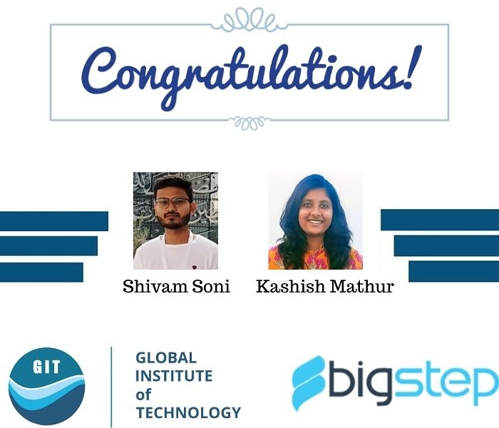 GIT_Jaipur's tweet photo. #GITJAIPUR
Congratulations to *Shivam Soni and Kashish Mathur* for getting placed in *BigStep Technologies Pvt. Ltd.* at the package *5.0 LPA*....... https://t.co/XIfaLcTnwP