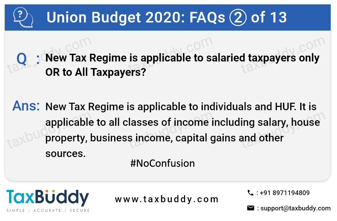 TaxBuddy1's tweet photo. 2 of 13 FAQs - Questions and Answers on #Budget2020 #MyBudgetMyChoice #NoConfusion #incometax #incometaxindia #incometaxslabs #BudgetSession2020 #NirmalaSitaraman #BudgetIndia #DigitalIndia #IndianBudget #budgetfaqs https://t.co/iv90pn7l6D